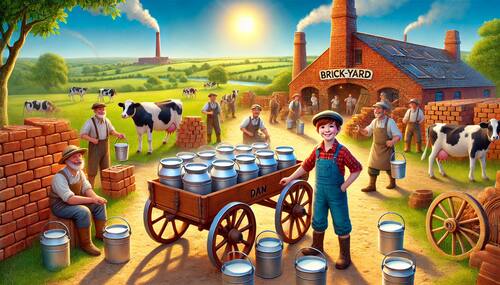 buttermilk story young boy stands next to a road cart filled with tin pails