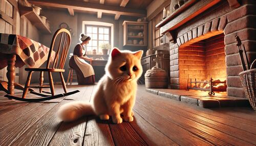 sandy cat story, kitchen, fireplace, serving maid
