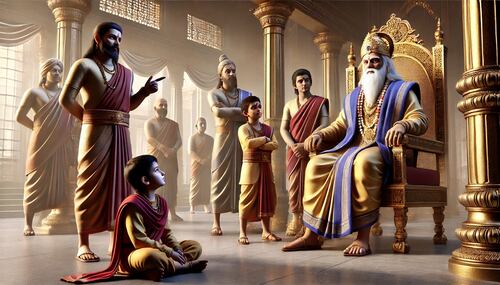 stories from the panchatantra tales, king amarasakti seated princes and ministers standing