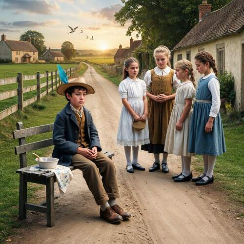 tommy story, young boy sitting on a wooden bench, girls standing